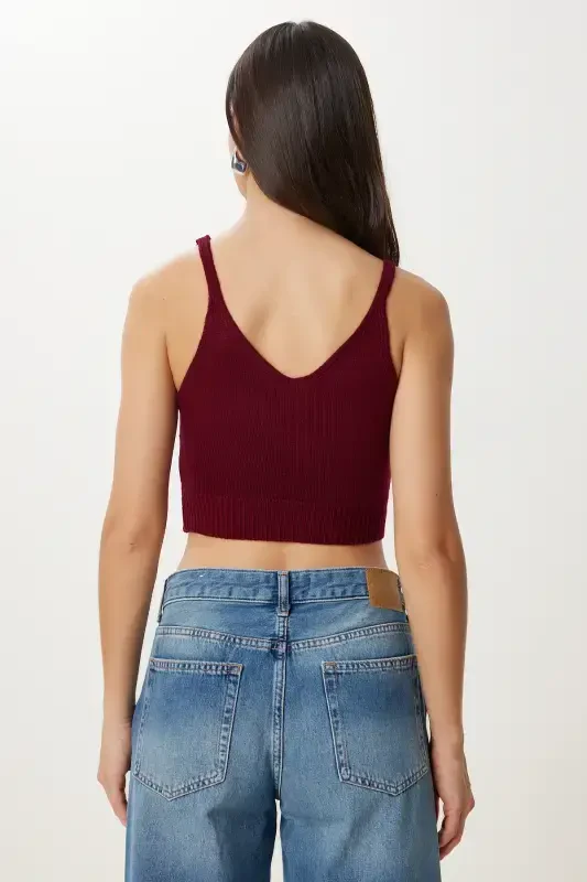 Women Burgundy Turtleneck Knit Tank Crop Set MT00153-Burgundy - 5