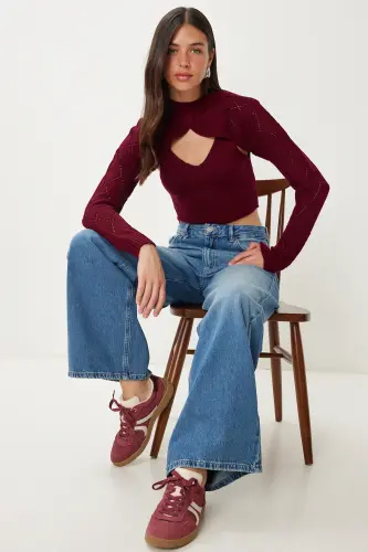 Women Burgundy Turtleneck Knit Tank Crop Set MT00153-Burgundy 
