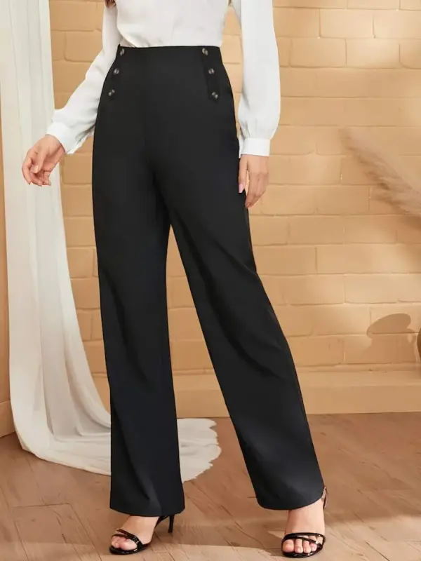Women Button Detail Wide Leg Imported Crepe Pants - 1