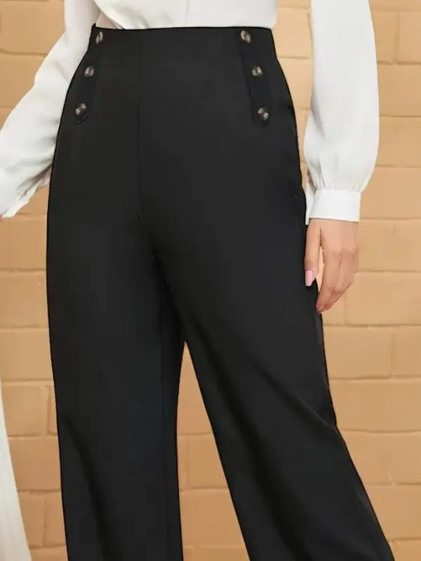 Women Button Detail Wide Leg Imported Crepe Pants - 7