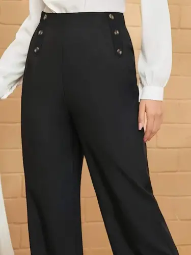 Women Button Detail Wide Leg Imported Crepe Pants - BÜYÜKBEDENIZ (1)