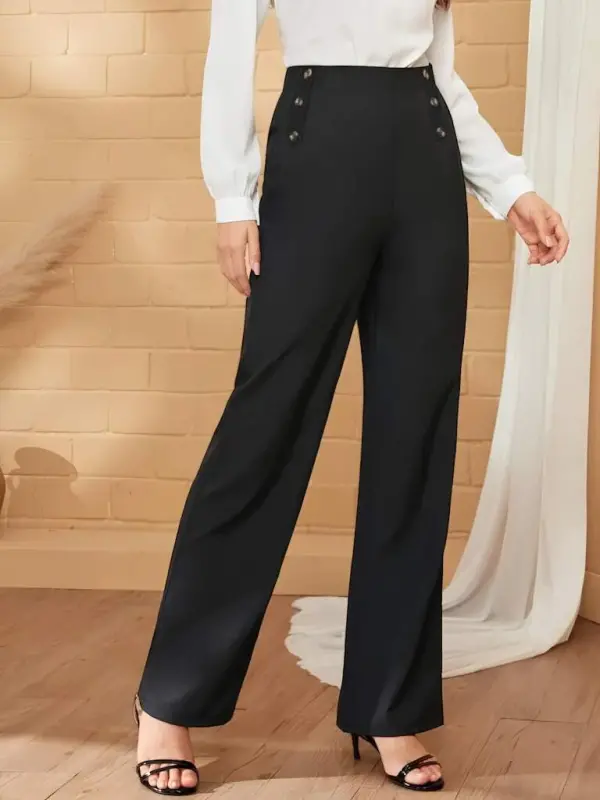 Women Button Detail Wide Leg Imported Crepe Pants - 6