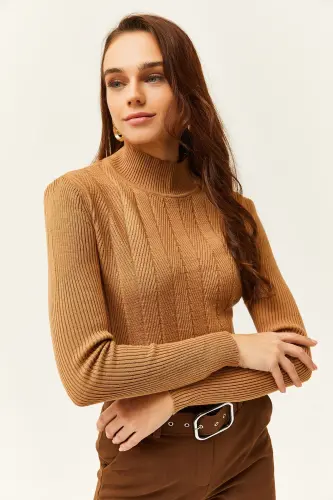 Women Camel Half Fisherman Zigzag Textured Soft Knitwear Sweater KZK-19000447-Camel - 4