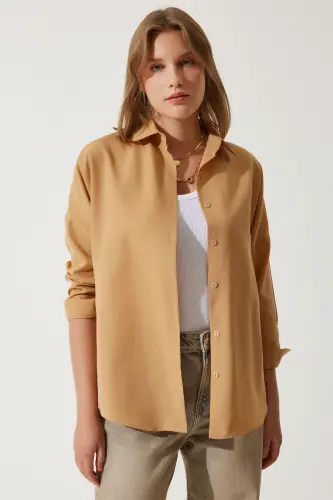 Women Camel Oversize Long Basic Shirt DD00842-Camel 