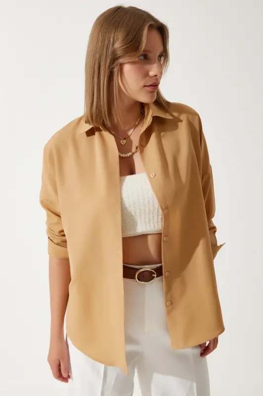 Women Camel Oversize Long Basic Shirt DD00842-Camel - 2