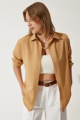 Women Camel Oversize Long Basic Shirt DD00842-Camel - 3