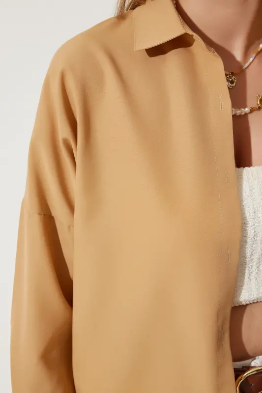 Women Camel Oversize Long Basic Shirt DD00842-Camel - 4