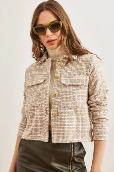Women Camel Pocketed Buttoned Jewel Detailed Tweed Jacket CKT-19000411 - OLALOOK