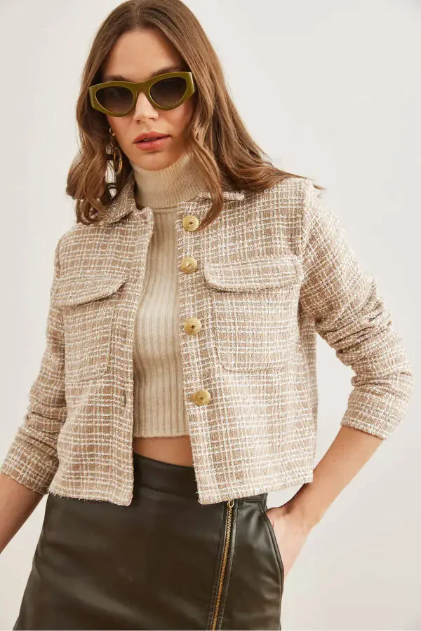 Women Camel Pocketed Buttoned Jewel Detailed Tweed Jacket CKT-19000411 - 2