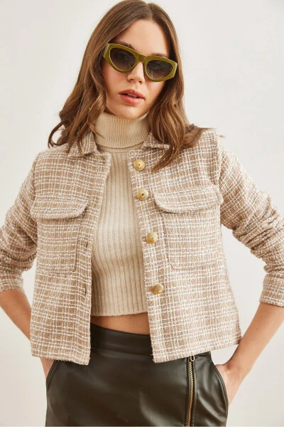 Women Camel Pocketed Buttoned Jewel Detailed Tweed Jacket CKT-19000411 - 3