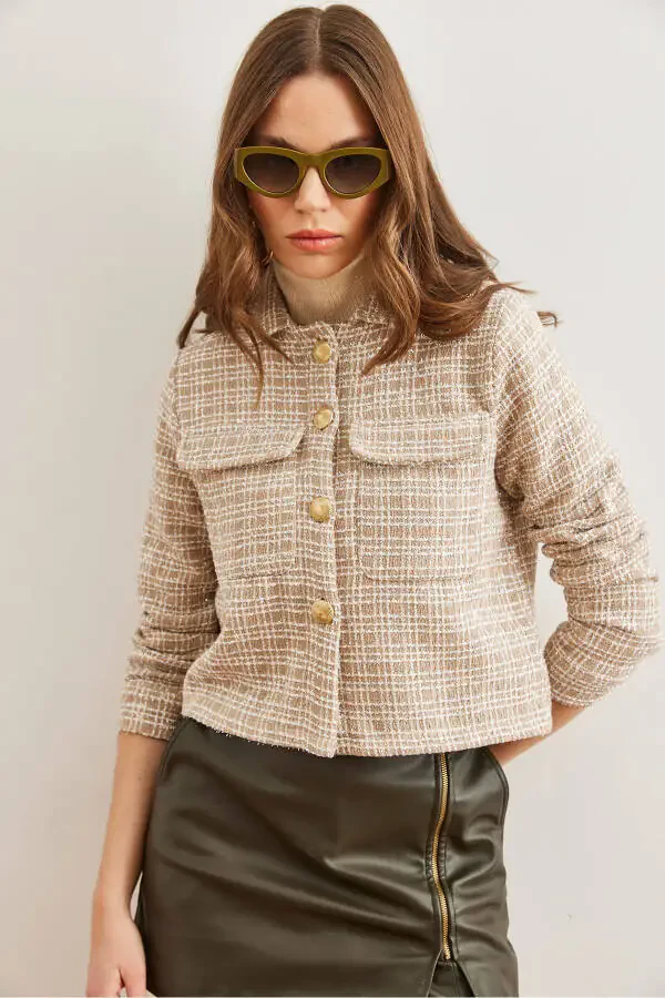 Women Camel Pocketed Buttoned Jewel Detailed Tweed Jacket CKT-19000411 - 5