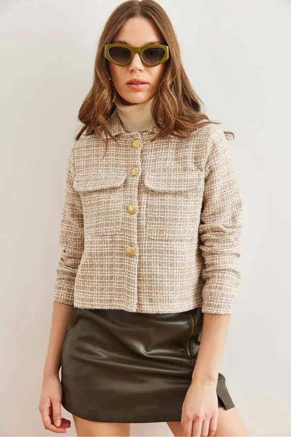 Women Camel Pocketed Buttoned Jewel Detailed Tweed Jacket CKT-19000411 - 6