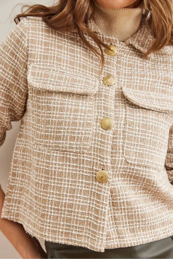 Women Camel Pocketed Buttoned Jewel Detailed Tweed Jacket CKT-19000411 - 7