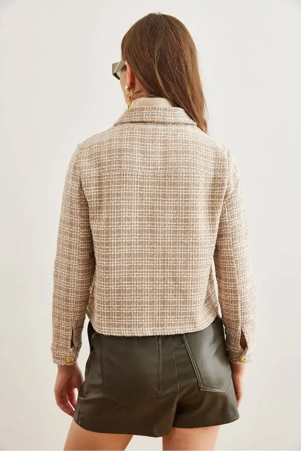 Women Camel Pocketed Buttoned Jewel Detailed Tweed Jacket CKT-19000411 - 8