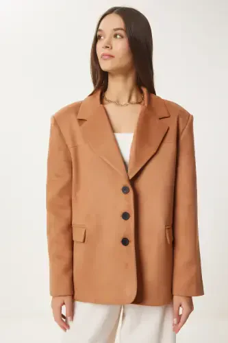 Women Camel Premium Suede Blazer Jacket FN03443-Camel - 1