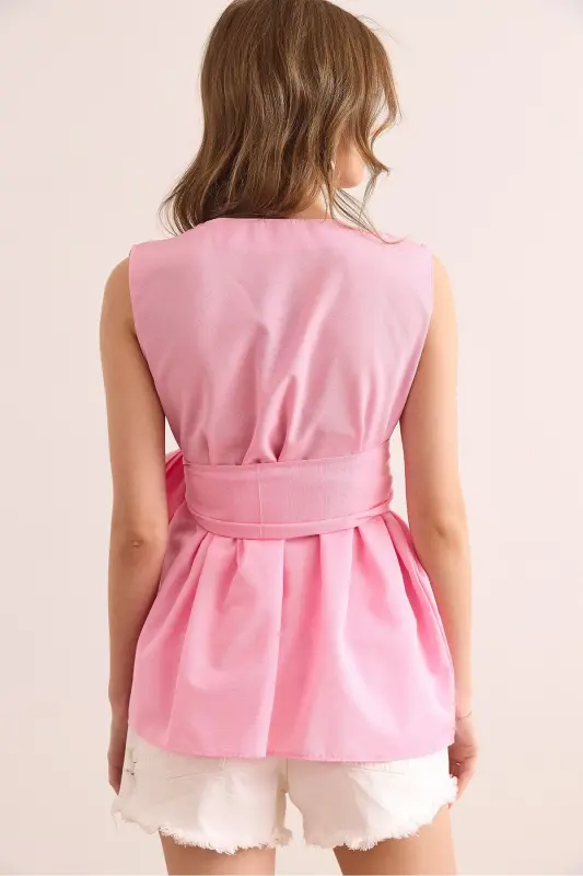 Women Candy Pink Crossover Collar Belted Woven Blouse - 7