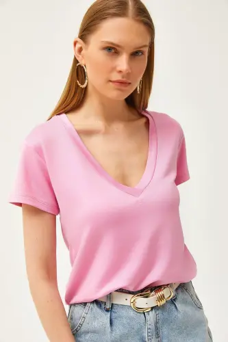 Women Candy Pink Deep V Neck Modal Touch T-Shirt 