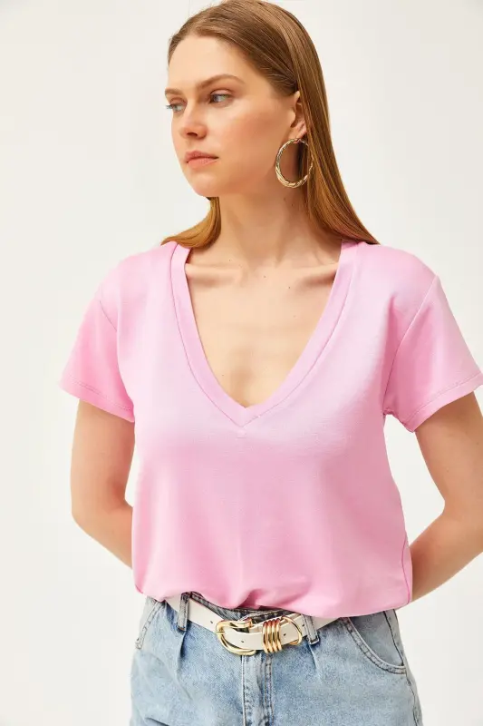 Women Candy Pink Deep V Neck Modal Touch T-Shirt - 2