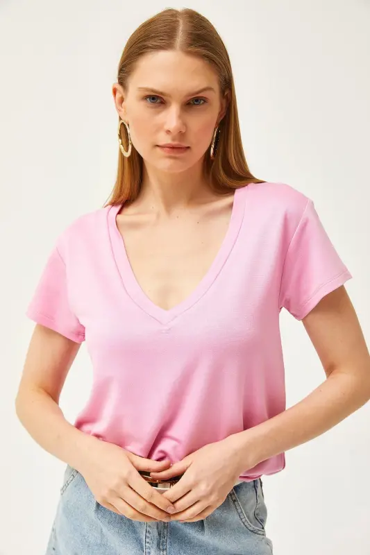 Women Candy Pink Deep V Neck Modal Touch T-Shirt - 3