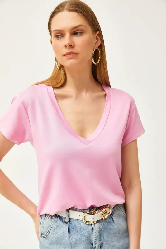 Women Candy Pink Deep V Neck Modal Touch T-Shirt - 4