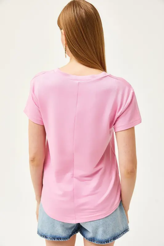 Women Candy Pink Deep V Neck Modal Touch T-Shirt - 5