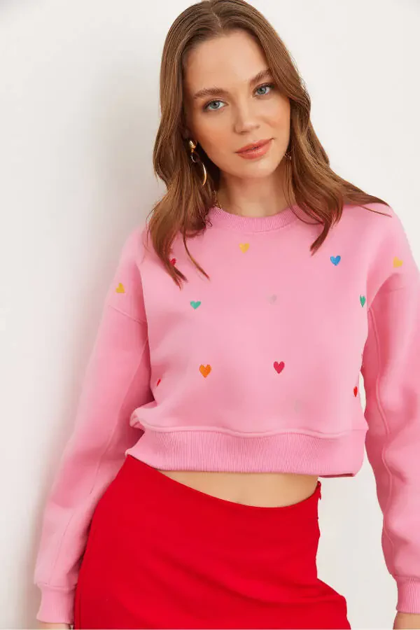 Women Candy Pink Heart Embroidery Thistle Crop Heavy Sweatshirt SWT-19000662 - 1