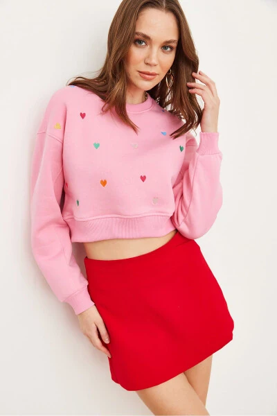 Women Candy Pink Heart Embroidery Thistle Crop Heavy Sweatshirt SWT-19000662 - 5