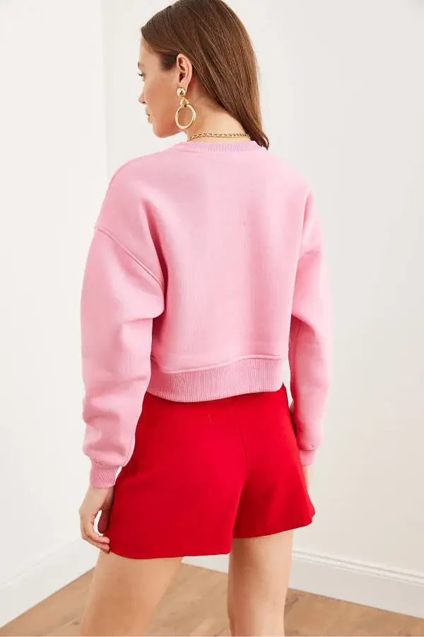 Women Candy Pink Heart Embroidery Thistle Crop Heavy Sweatshirt SWT-19000662 - 6