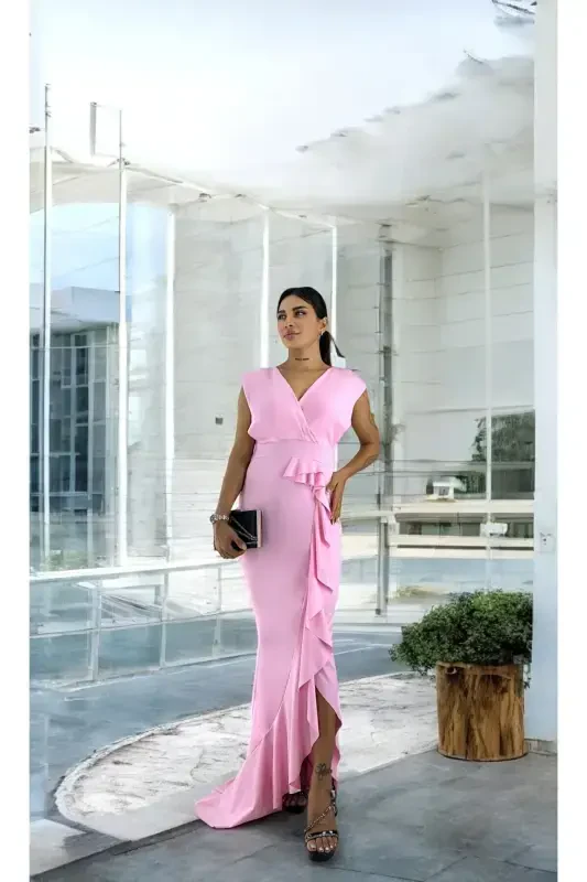 Women Candy Pink Scuba Diver Fabric Crossover Collar Skirt Ruffled Evening Graduation Wedding Dress-PINK - 5