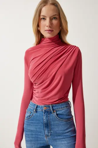 Women Candy Pink Shirred Detailed Stand-up Collar Sandy Blouse FF00135-Candy Pink 