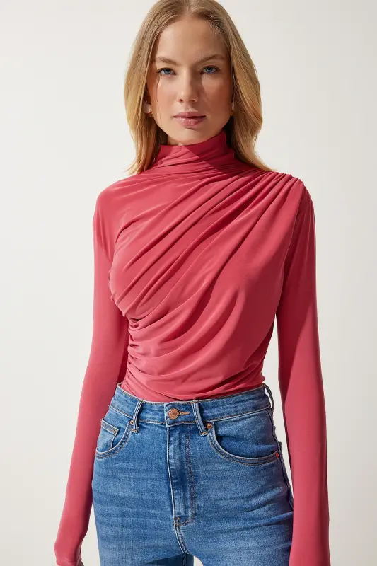 Women Candy Pink Shirred Detailed Stand-up Collar Sandy Blouse FF00135-Candy Pink - 1