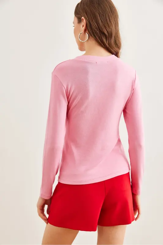 Women Candy Pink V Neck Draped Soft Touch Blouse BLZ-19002757-Candy Pink - 2