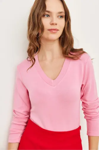 Women Candy Pink V Neck Draped Soft Touch Blouse BLZ-19002757-Candy Pink - 3