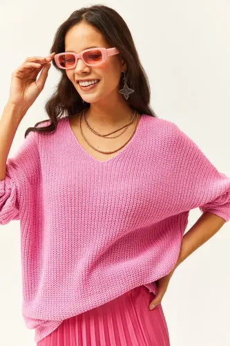 Women Candy Pink V Neck Selanik Knit Oversize Knit Tunic TNK-19000081-Candy Pink 