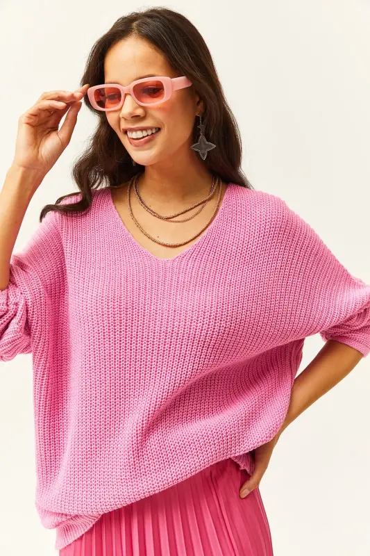 Women Candy Pink V Neck Selanik Knit Oversize Knit Tunic TNK-19000081-Candy Pink - OLALOOK