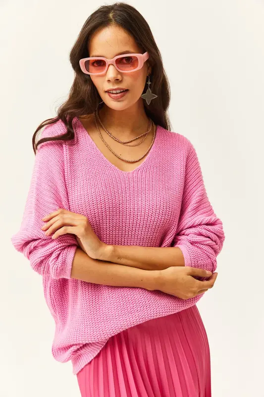 Women Candy Pink V Neck Selanik Knit Oversize Knit Tunic TNK-19000081-Candy Pink - 2