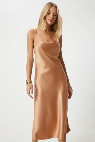Women Caramel Asymmetric Collar Satin Surface Dress FN03300-Caramel - 3