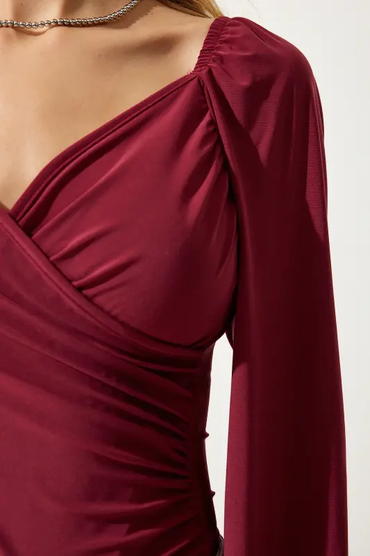 Women Cherry Elastic Balloon Sleeve Knitted Sandy Blouse FF00154-Cherry - 4