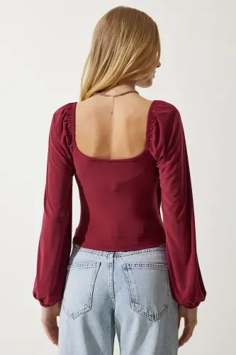 Women Cherry Elastic Balloon Sleeve Knitted Sandy Blouse FF00154-Cherry - 5