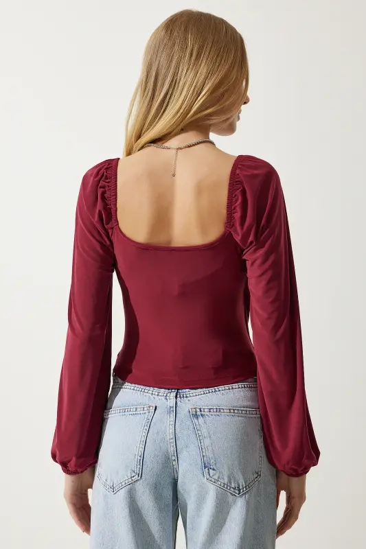 Women Cherry Elastic Balloon Sleeve Knitted Sandy Blouse FF00154-Cherry - 5