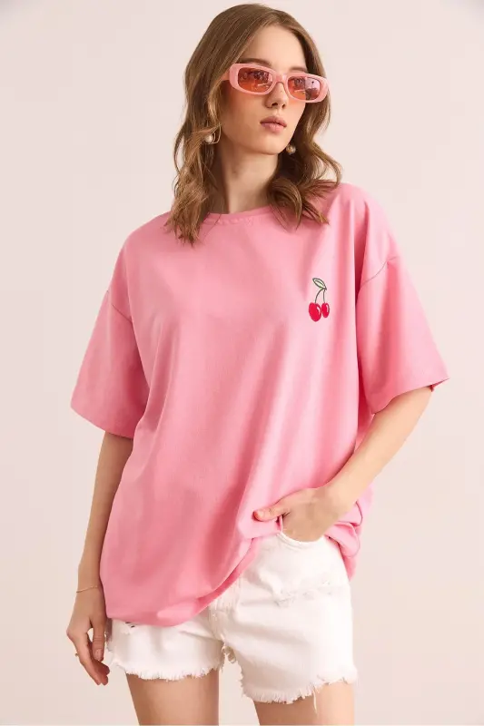 Women Cherry Pink Embroidered Relaxed Fit 2 Thread T-Shirt - 3