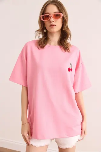 Women Cherry Pink Embroidered Relaxed Fit 2 Thread T-Shirt - 6
