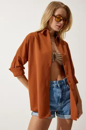 Women Cinnamon Oversize Long Basic Shirt DD00842-Cinnamon - HAPPINESS İSTANBUL (1)
