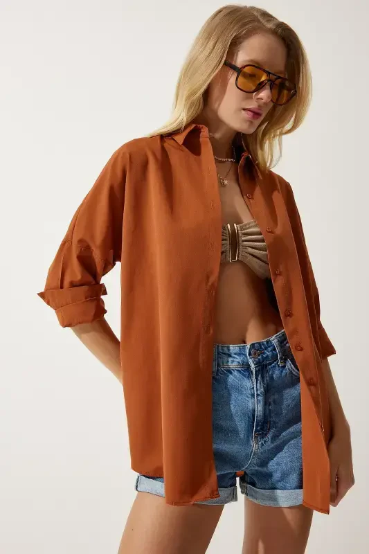 Women Cinnamon Oversize Long Basic Shirt DD00842-Cinnamon - 2