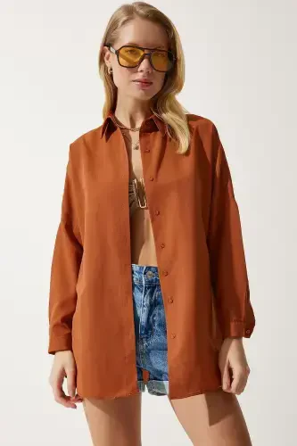 Women Cinnamon Oversize Long Basic Shirt DD00842-Cinnamon - 3