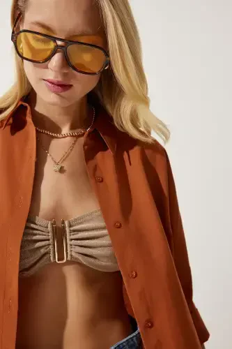 Women Cinnamon Oversize Long Basic Shirt DD00842-Cinnamon - 4