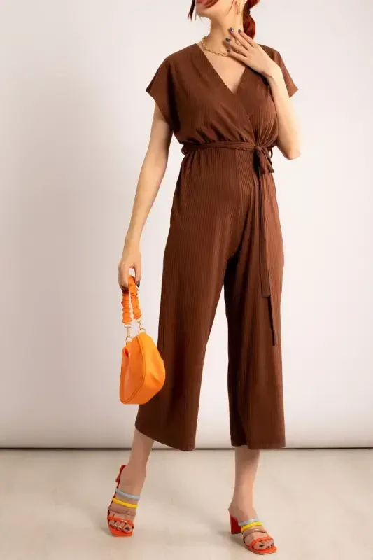 Women Coffee Crossover Waist Belted Jumpsuit Arm-20y042008-Coffee - ARMONIKA