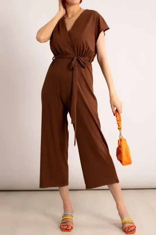 Women Coffee Crossover Waist Belted Jumpsuit Arm-20y042008-Coffee - 2