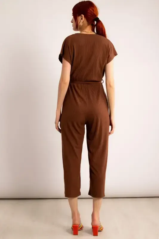 Women Coffee Crossover Waist Belted Jumpsuit Arm-20y042008-Coffee - 5