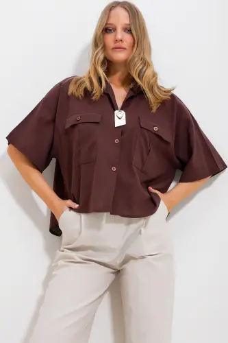 Women Coffee Double Pocket Short Sleeve Linen Shirt ALC-X9991-COFFEE - 2